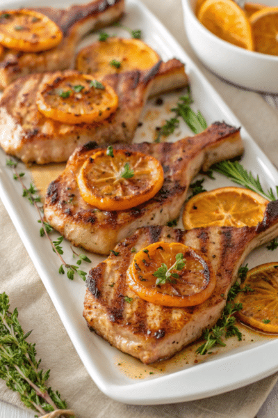 a white platter with orange thyme grilled pork chops