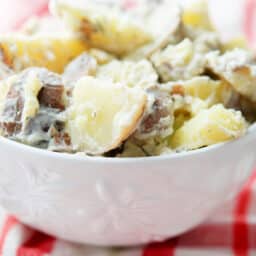 Red Bliss Dill Potato Salad in a white bowl