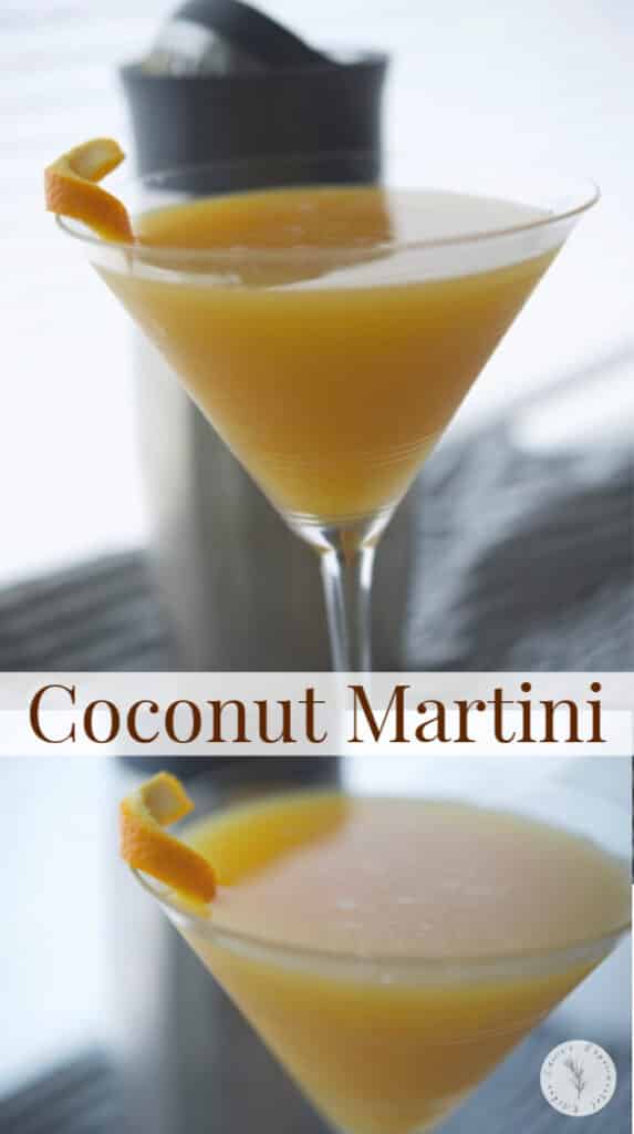 A cup of coffee and a glass of orange juice, with Coconut martini