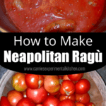 A collage photo of fresh tomatoes and then a pot of tomato sauce.