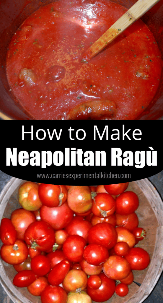 A collage photo of fresh tomatoes and then a pot of tomato sauce.