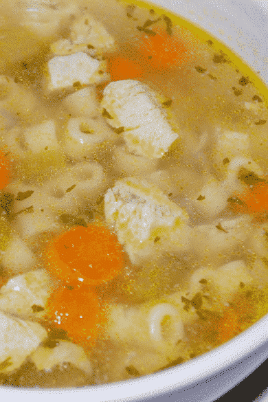 Chicken Ditalini Soup made with bone-in chicken breast, vegetables and Ditalini pasta in a low sodium chicken broth.