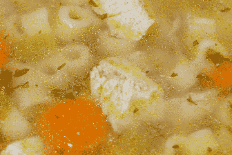 Chicken Ditalini Soup made with bone-in chicken breast, vegetables and Ditalini pasta in a low sodium chicken broth.