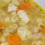Chicken Ditalini Soup made with bone-in chicken breast, vegetables and Ditalini pasta in a low sodium chicken broth.