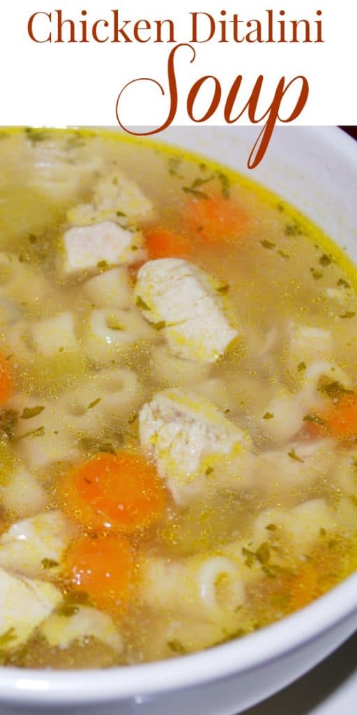 Chicken Ditalini Soup made with bone-in chicken breast, vegetables and Ditalini pasta in a low sodium chicken broth.