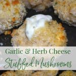 Mushrooms stuffed with garlic & herb spreadable cheese; then breaded and baked until the cheese is oozing from the center.