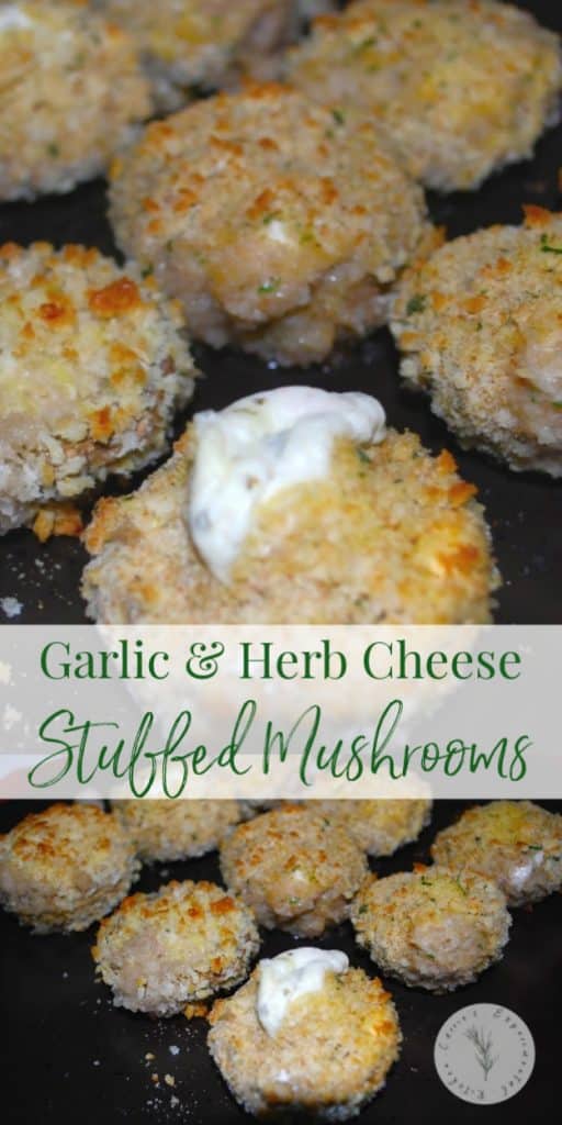 Mushrooms stuffed with garlic & herb spreadable cheese; then breaded and baked until the cheese is oozing from the center.