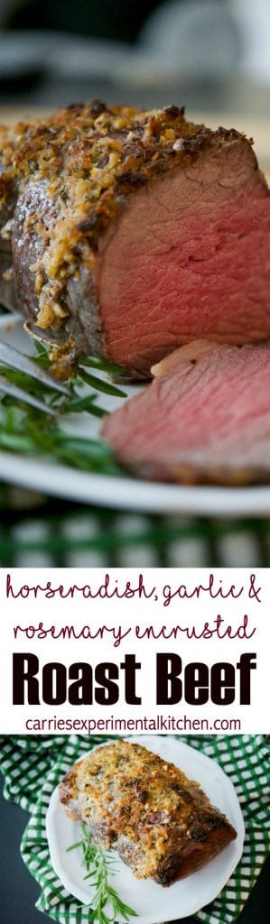 Roast Beef topped with a mixture of horseradish, garlic, and fresh rosemary collage photo. 