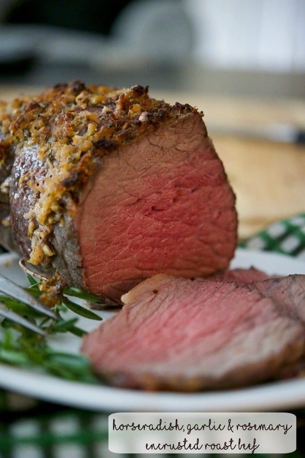 Roast Beef topped with a mixture of horseradish, garlic, and fresh rosemary is the perfect meal for a Sunday afternoon.