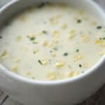 Basil Corn Chowder in white soup crock