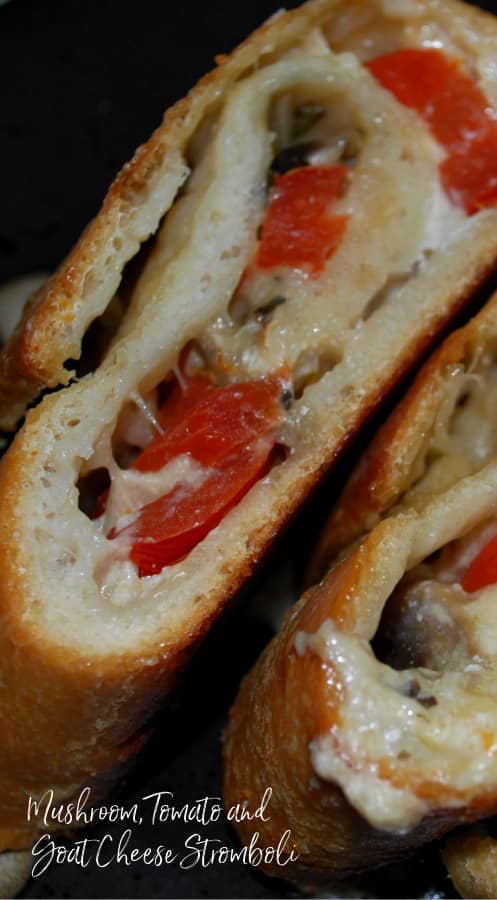 This Mushroom, Tomato and Goat Cheese Stromboli made with pizza dough is super flavorful and perfect for pizza night or game day snacking. 