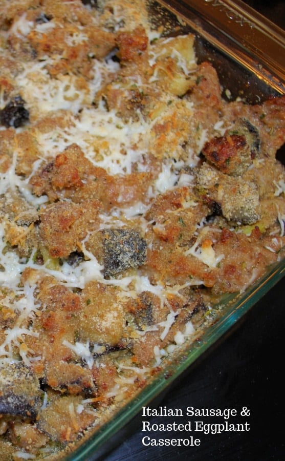 A close up sausage and roasted eggplant casserole