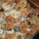 Roasted eggplant, leeks and mushrooms combined with Italian sausage, breadcrumbs and Asiago cheese in a dish. 