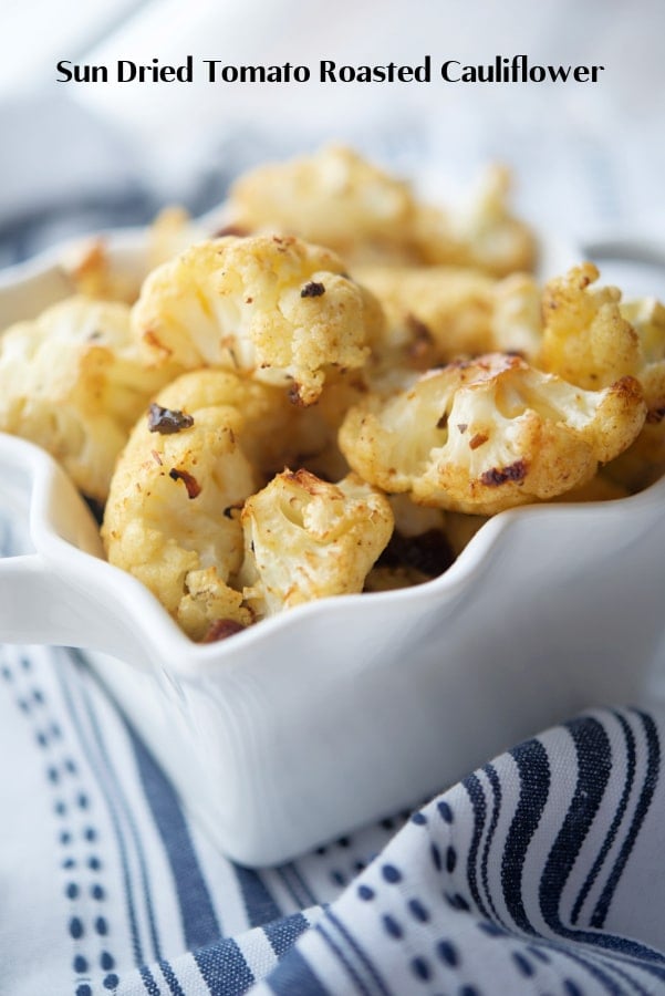 Sun Dried Tomato Pesto Cauliflower in a white square bowl.