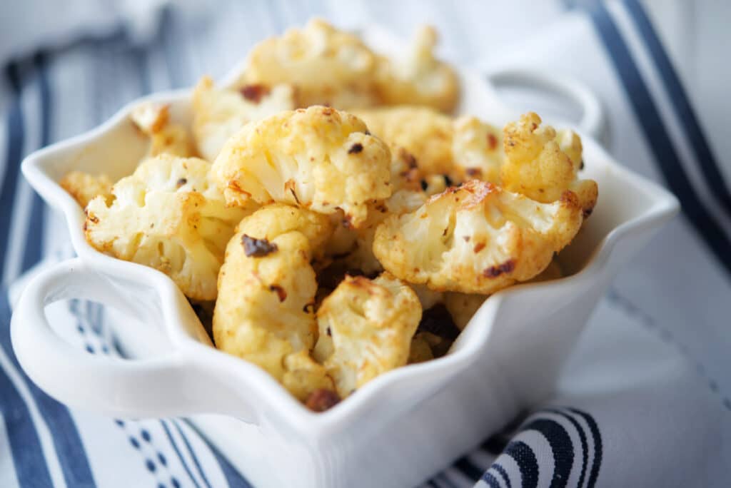 Cauliflower in a white bowl. 