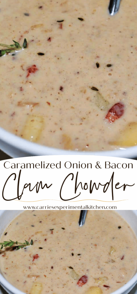 A collage photo of onion and bacon clam chowder