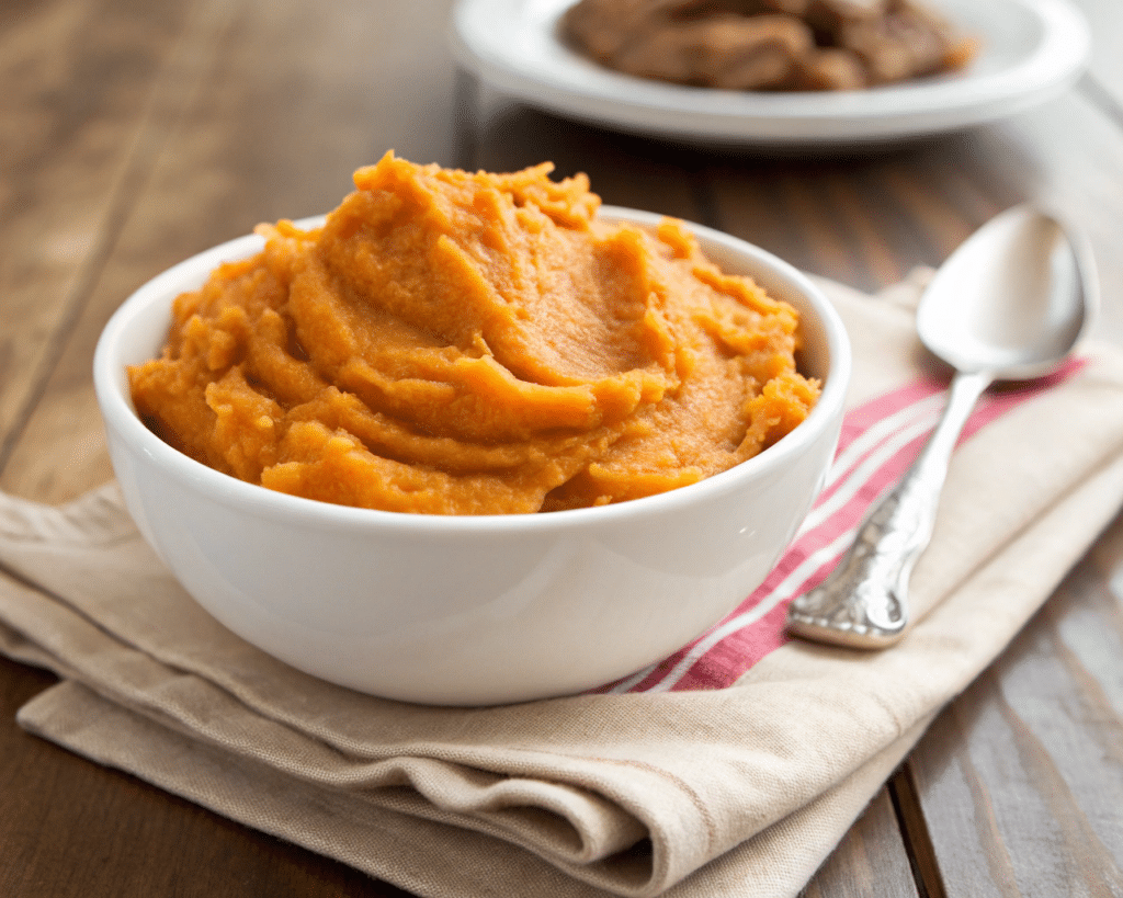 a close up of a bowl of buttermilk mashed sweet potatoes