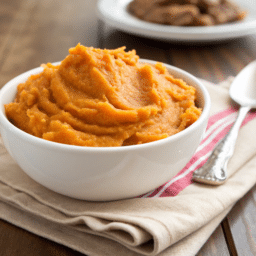 a close up of a bowl of buttermilk mashed sweet potatoes
