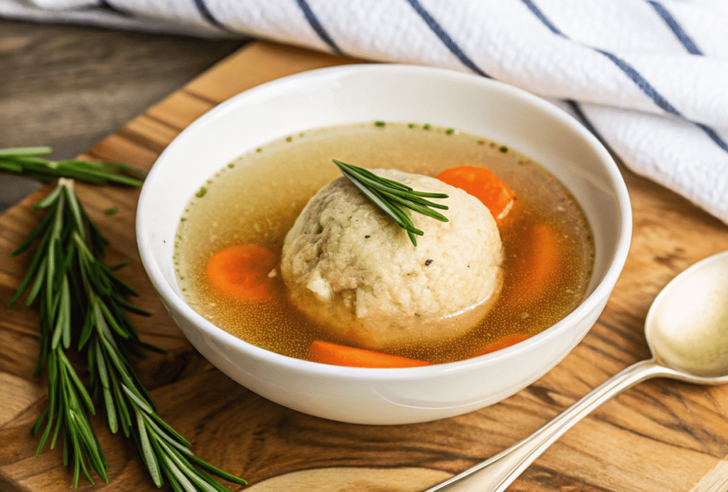 a close up of italian matzo ball soup