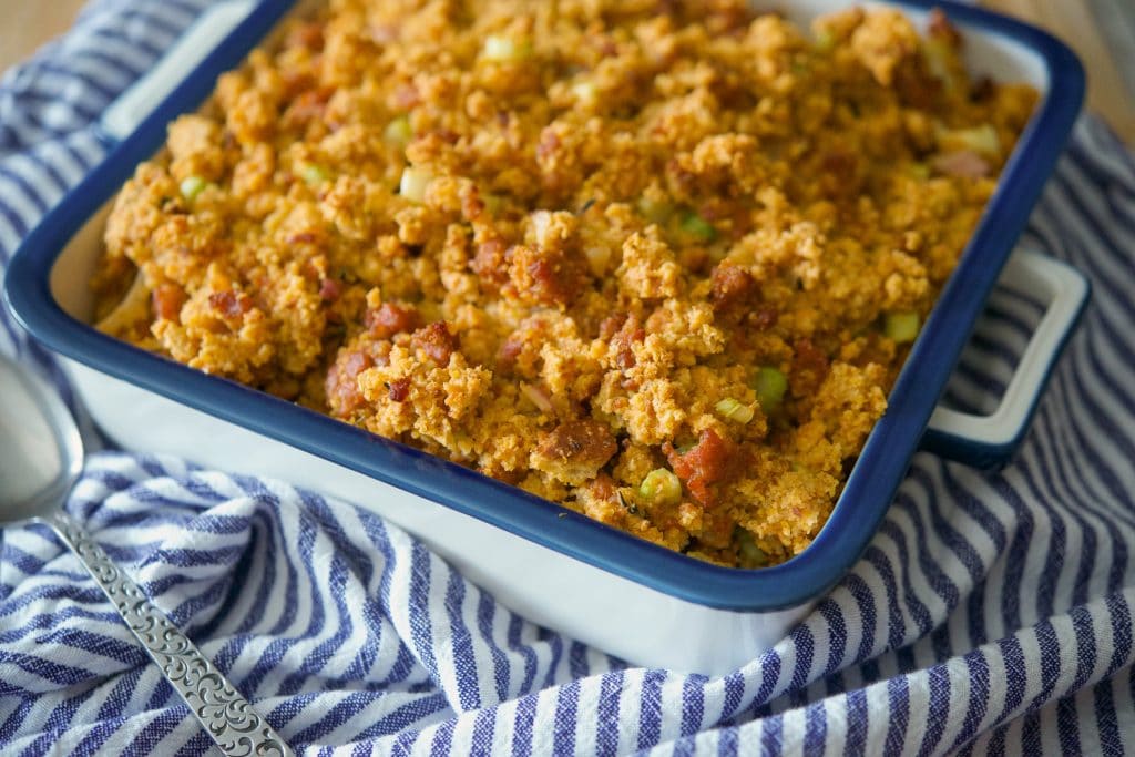 A container of food, with Stuffing and Chorizo