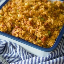 A container of food, with Stuffing and Chorizo