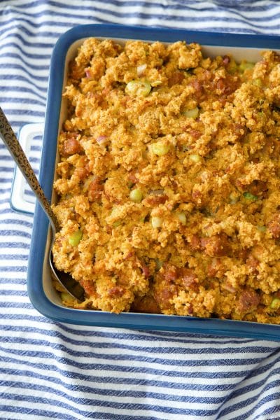 Chorizo Cornbread Stuffing in a baking dish.