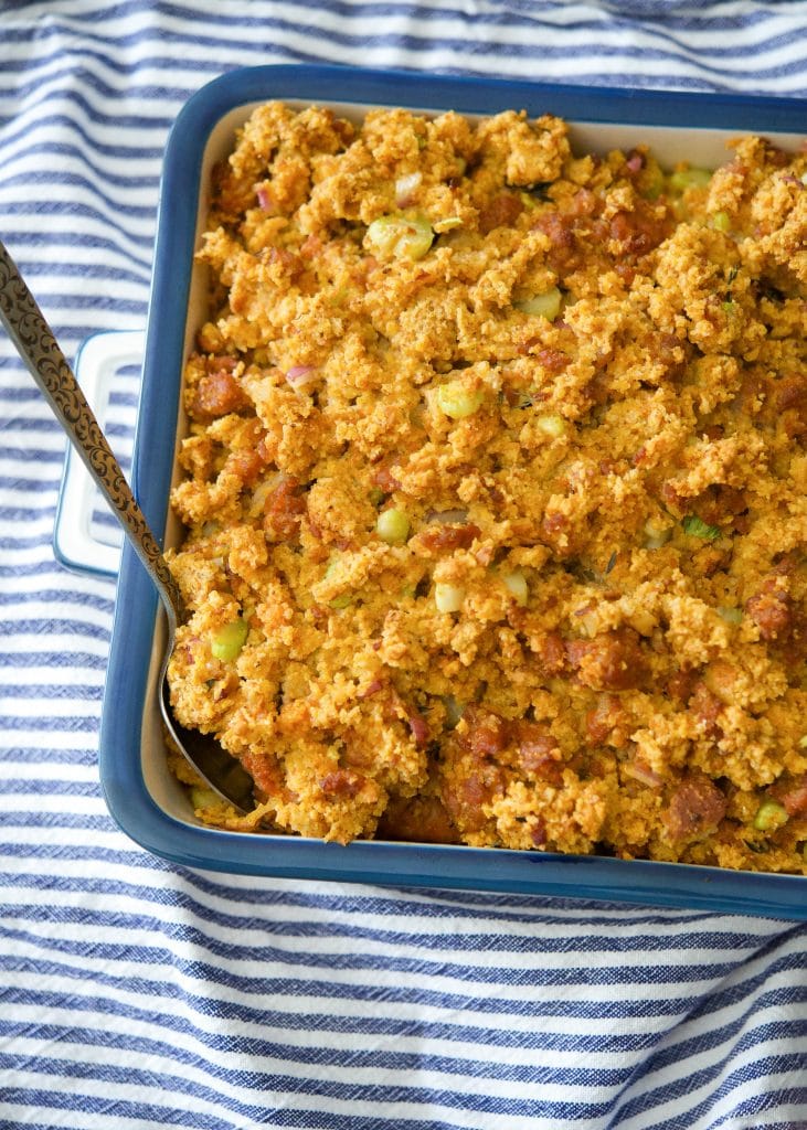Chorizo Cornbread Stuffing is a deliciously easy stuffing that can be made throughout the year. Serve as a weeknight side dish or on your Thanksgiving table. 