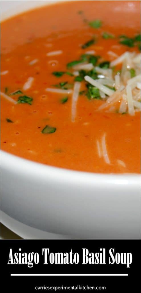 A bowl of soup, with Tomato and Basil