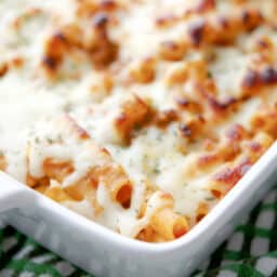 Baked Ziti in white casserole dish