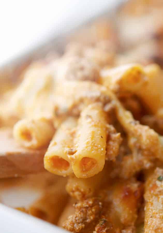Baked Ziti with Meat Sauce on a spoon