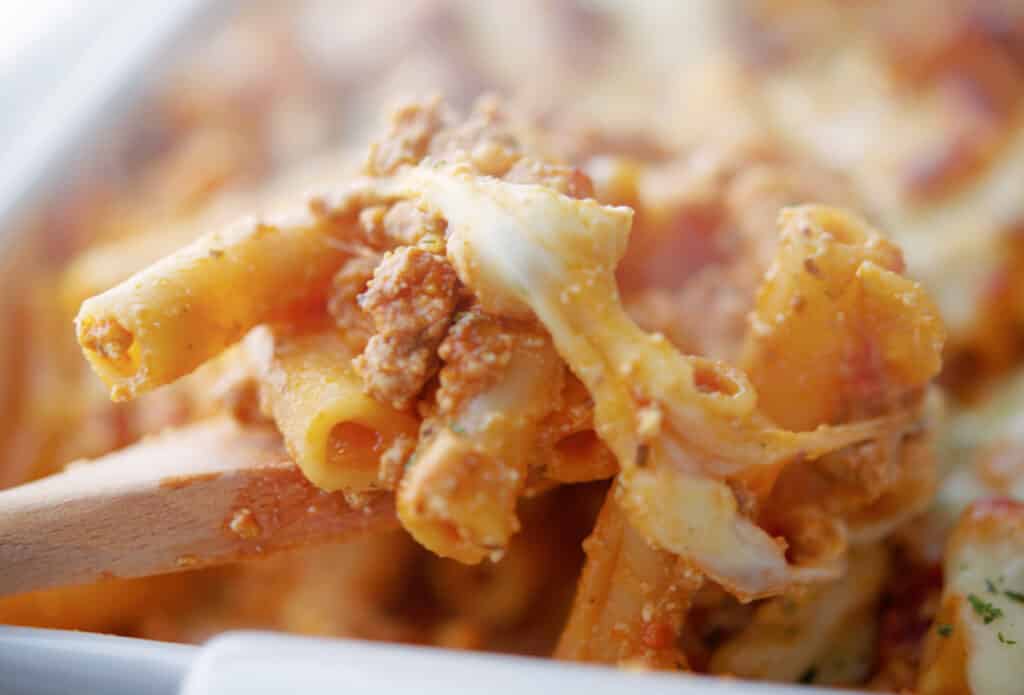 Cheesy Baked Ziti on a spoon