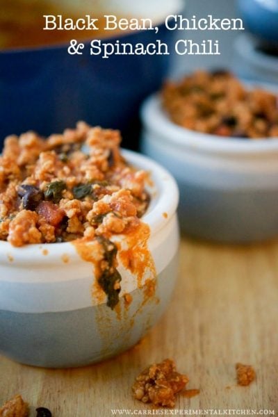 A close up of chicken chili in a soup crock.