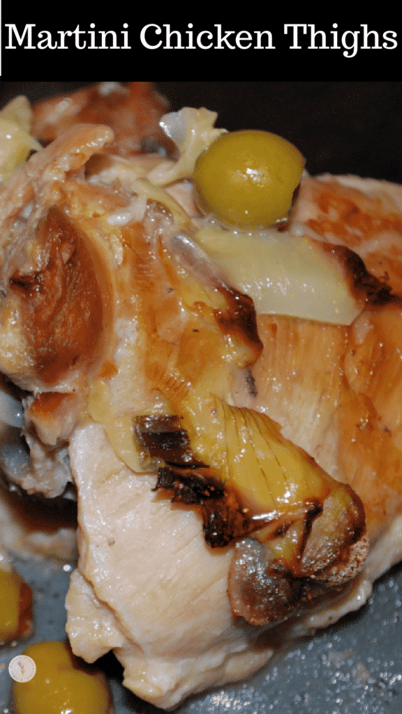 Chicken thighs cooked with garlic, Manzanilla olives, lemon, artichoke hearts, vermouth, vodka and white wine. 