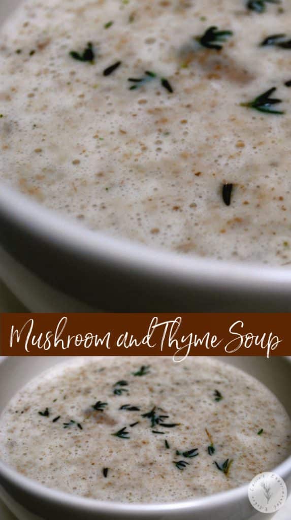 Mushroom and Thyme Soup made with white button mushrooms, onions, fresh thyme, heavy cream and milk is deliciously creamy.