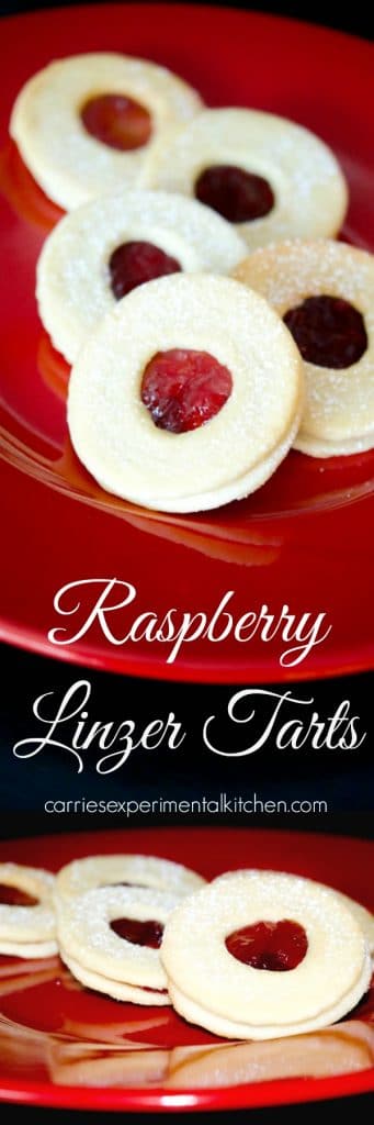 Raspberry Linzer Tarts are one of our favorite holiday treats and are made with two buttery cookies filled with tart raspberry preserves. 