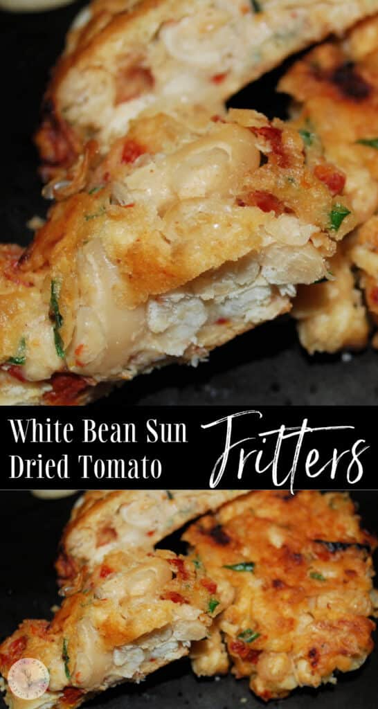 These fritters made with white Cannellini beans, sun dried tomatoes, basil and garlic make a delicious side dish. 