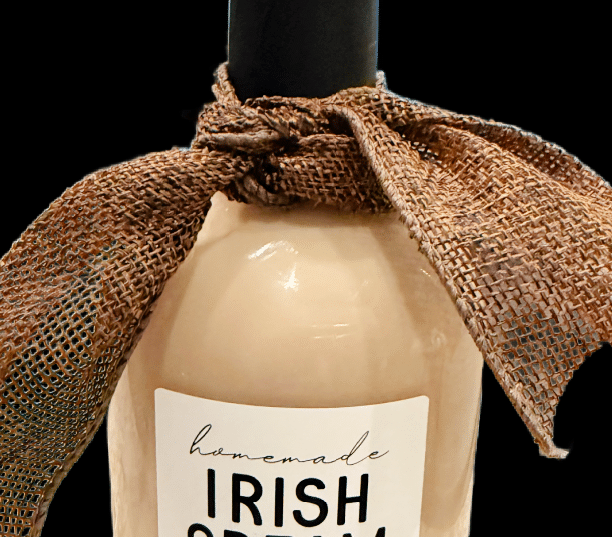 a bottle of irish cream with a brown bow