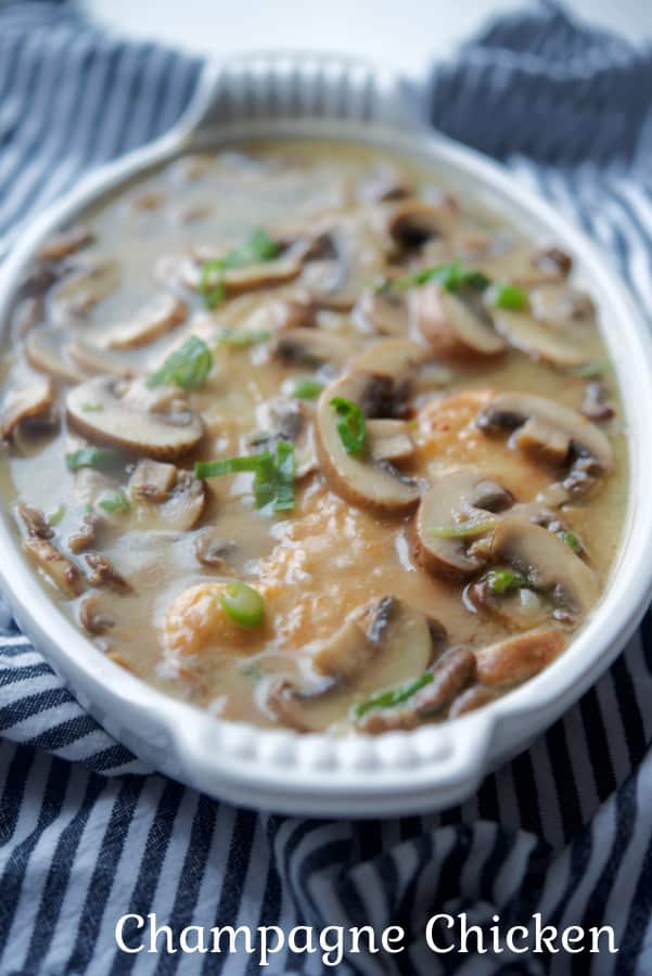 A bowl of food, with Champagne Chicken