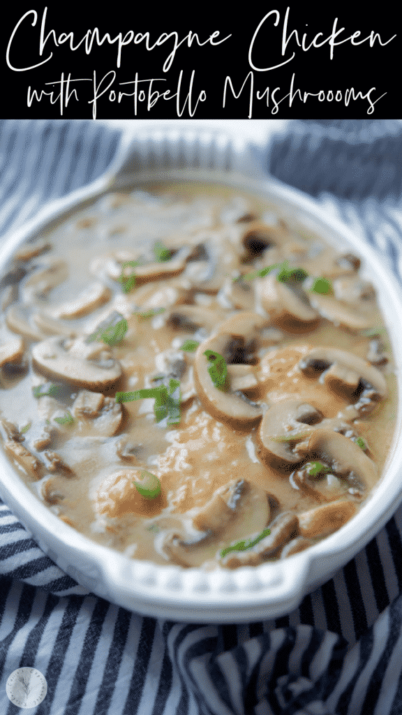 Boneless chicken sautéed in a skillet with baby Portobello mushrooms, garlic, scallions and thyme in a light champagne, butter sauce.