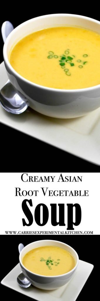 Creamy Asian Root Vegetable Soup made with sweet potatoes, turnips, celery, carrots, and onions with soy sauce and fresh ginger in a creamy broth. 