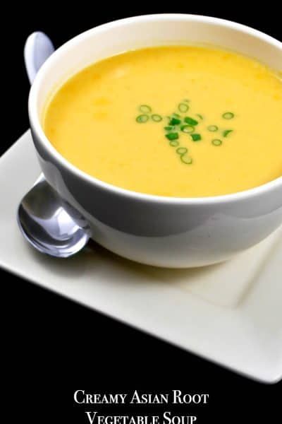 Creamy Asian Root Vegetable Soup made with sweet potatoes, turnips, celery, carrots, and onions with soy sauce and fresh ginger in a creamy broth.