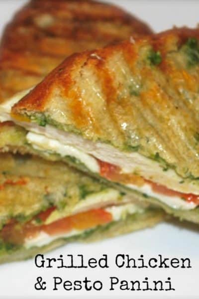 A close up of Grilled chicken pesto panini