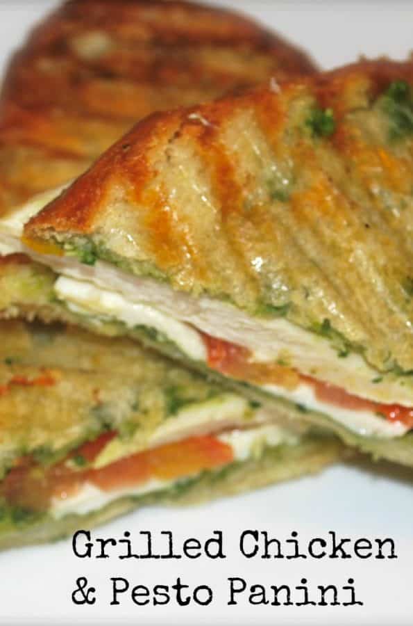 A close up of Grilled chicken pesto panini