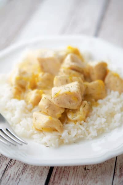 Chicken in a honey tangerine sauce over rice.