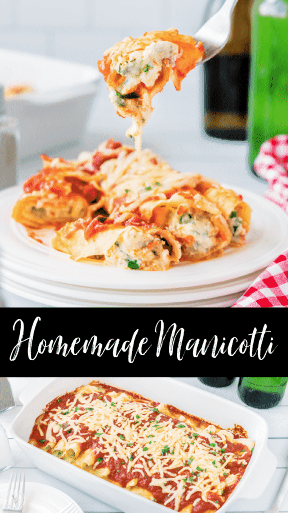 Manicotti made with homemade pasta shells filled with a mixture of Italian cheeses; then topped with your favorite marinara sauce. 