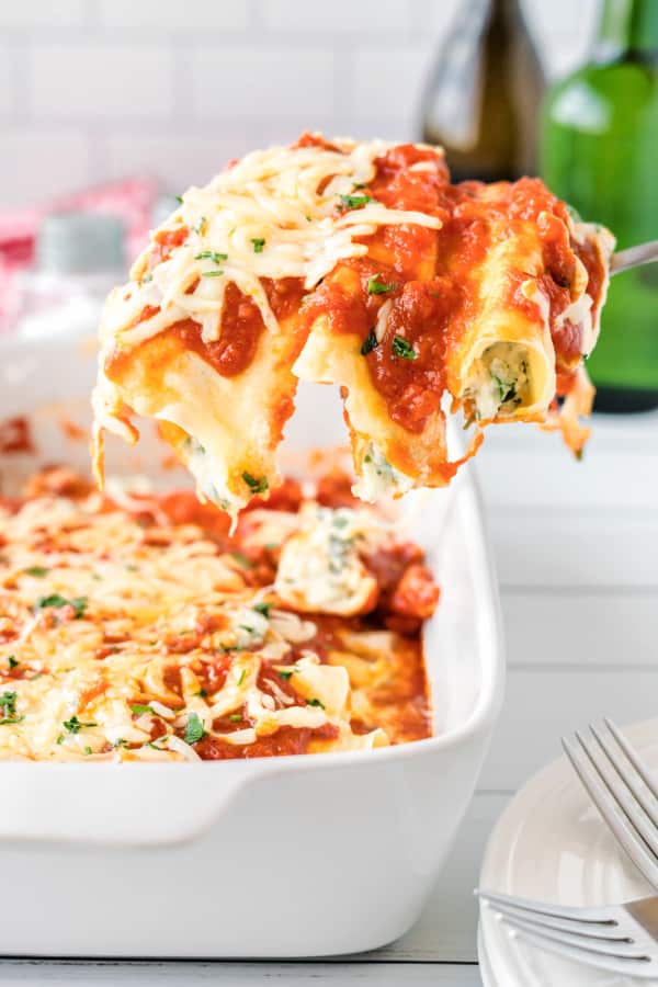 Homemade Manicotti on serving spoon