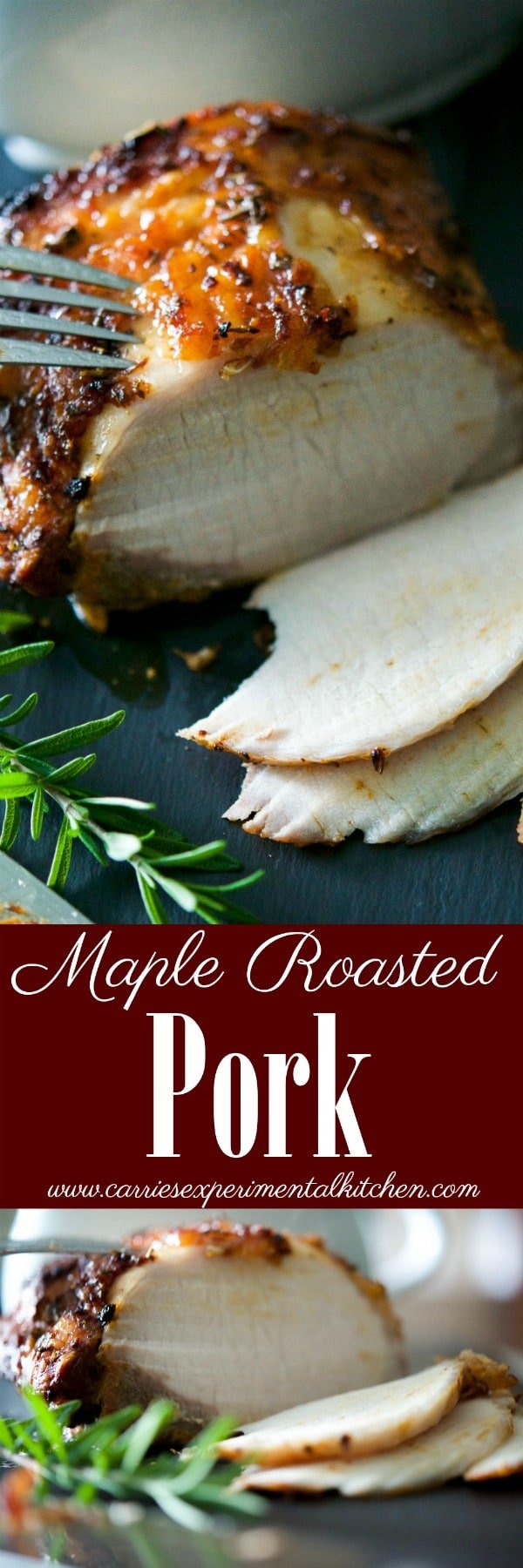 Pork loin basted with maple syrup, prepared horseradish, Dijon mustard, garlic and fresh rosemary is perfect for Sunday dinners or weeknight meals.