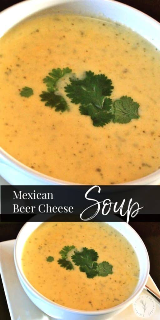 Mexican Beer Cheese Soup made with Corona beer, cilantro, lime and shredded Cheddar, Monterey Jack, Queso Quesadilla and Asadero Cheeses.