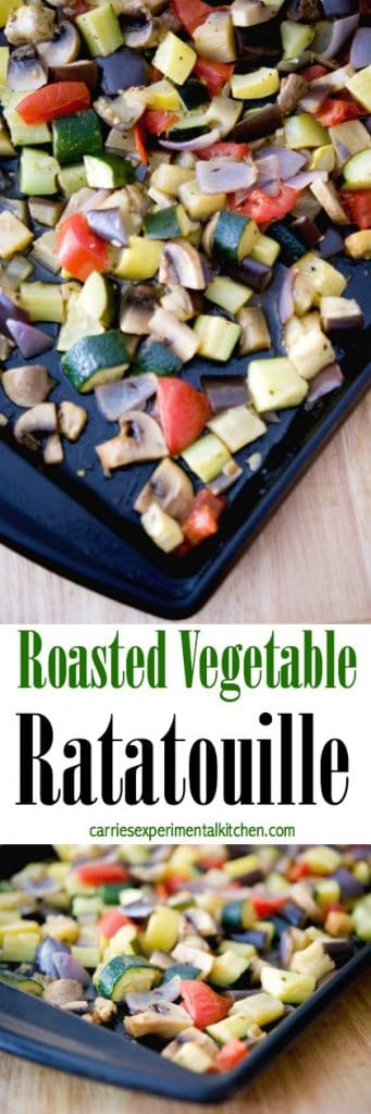 Roasted Vegetable Ratatouille made with fresh eggplant, zucchini, yellow squash, mushrooms, onions and tomatoes. 