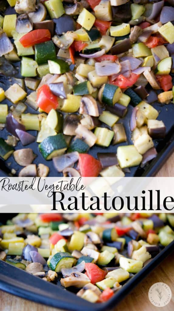 Roasted Vegetable Ratatouille made with fresh eggplant, zucchini, yellow squash, mushrooms, onions and tomatoes is a healthy side dish or main meal.